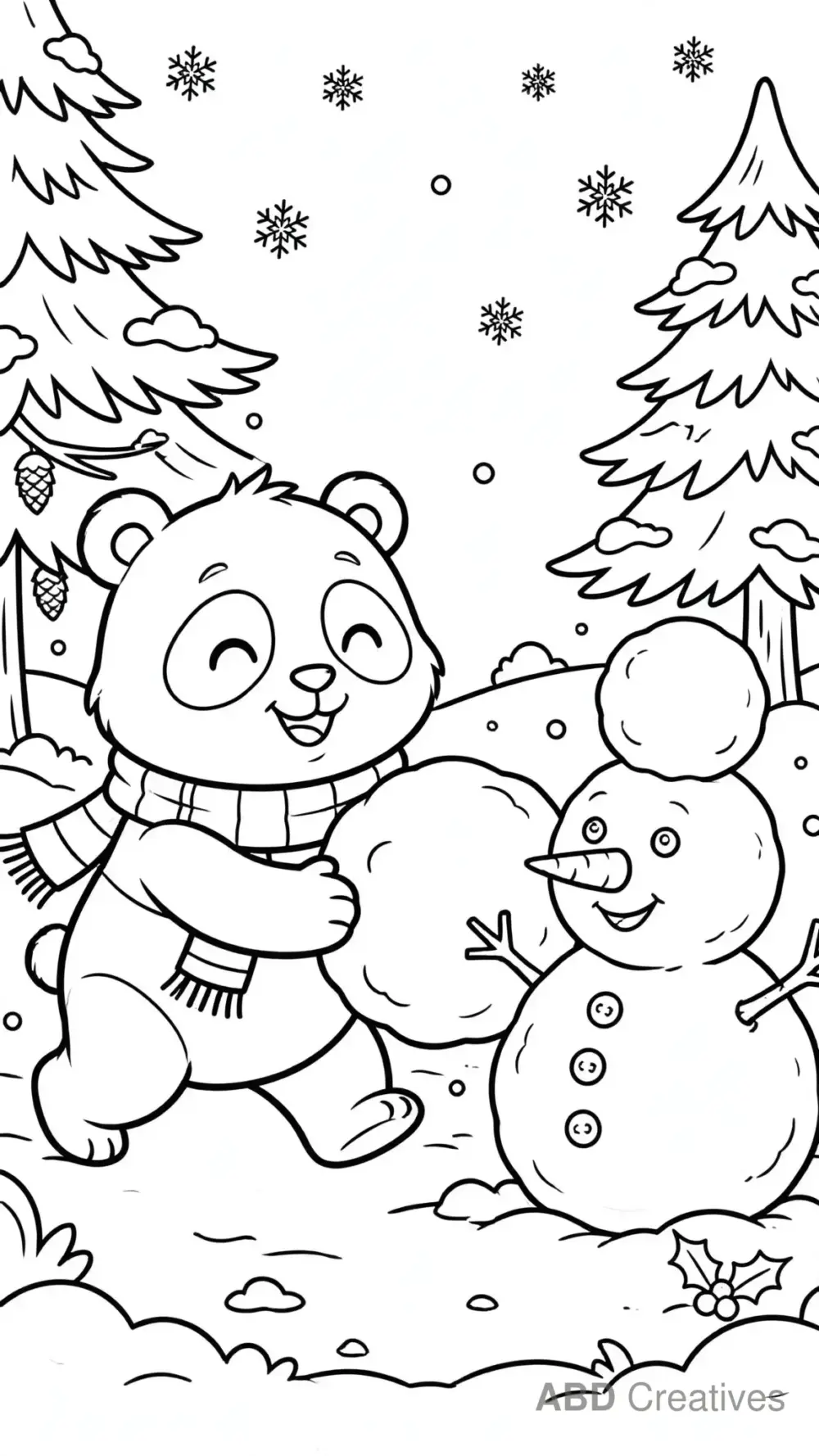Panda Building a Snowman Coloring Page