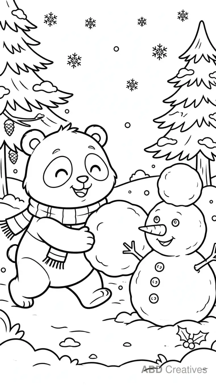Panda Building a Snowman Coloring Page