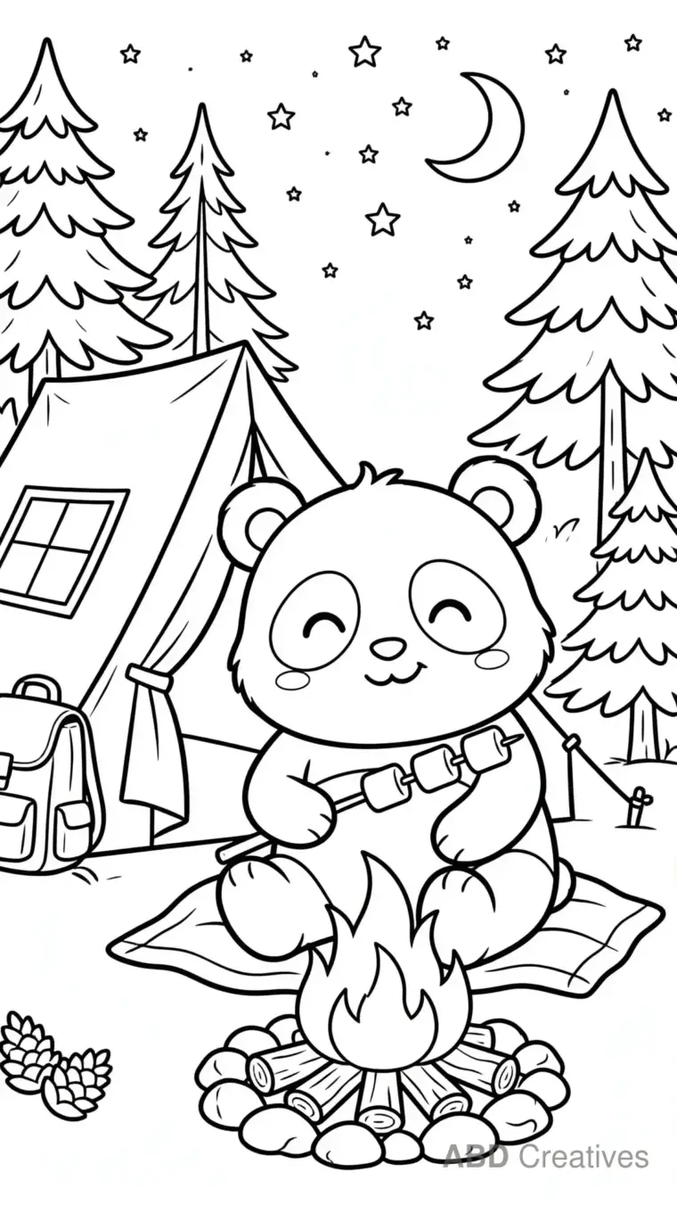 Panda Camping with a Tent Coloring Page