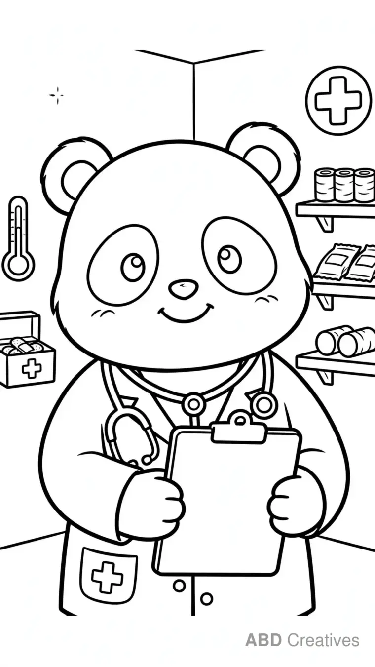 Panda Doctor with Stethoscope Coloring Page