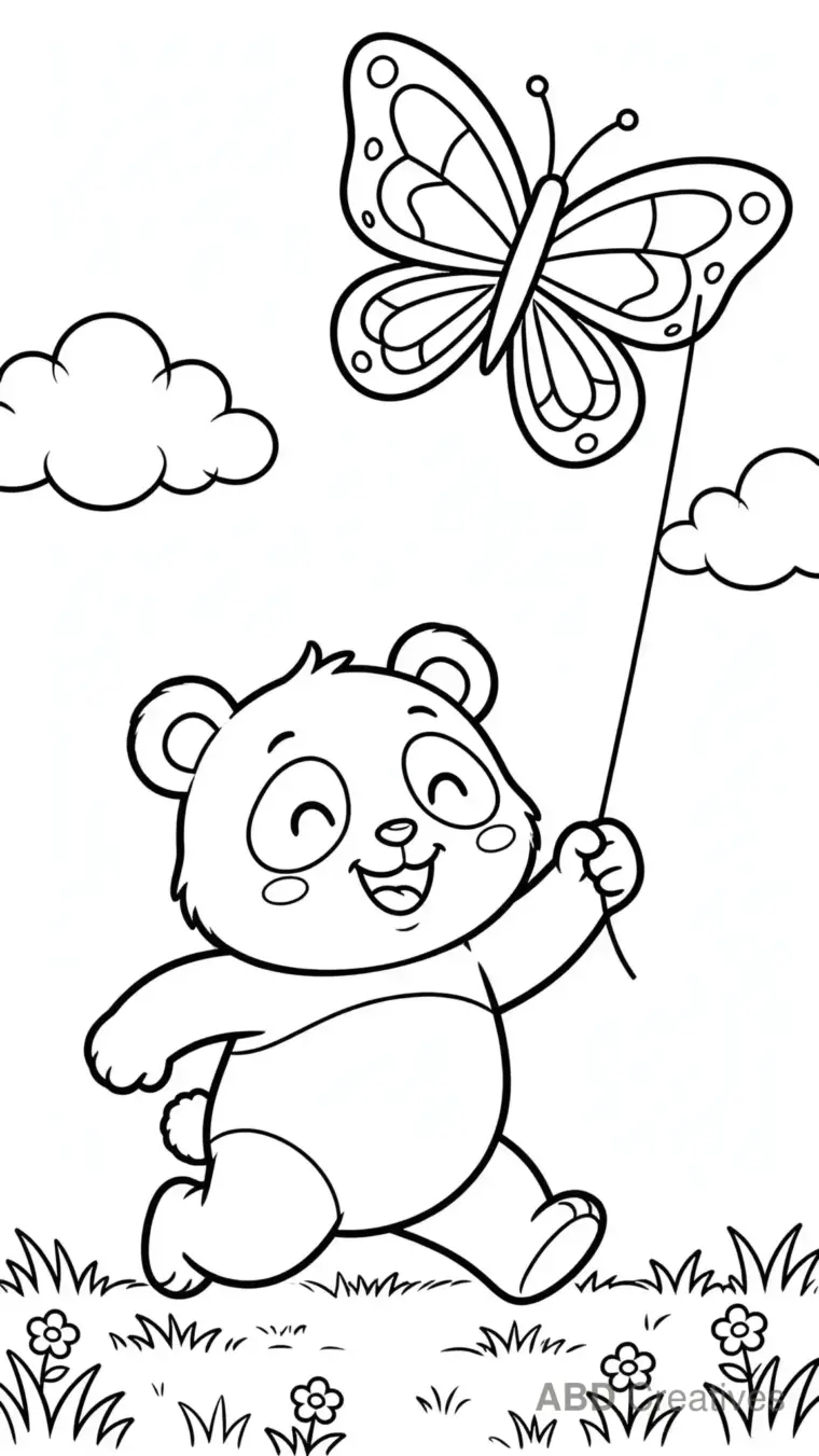 Panda Flying a Kite Coloring Page