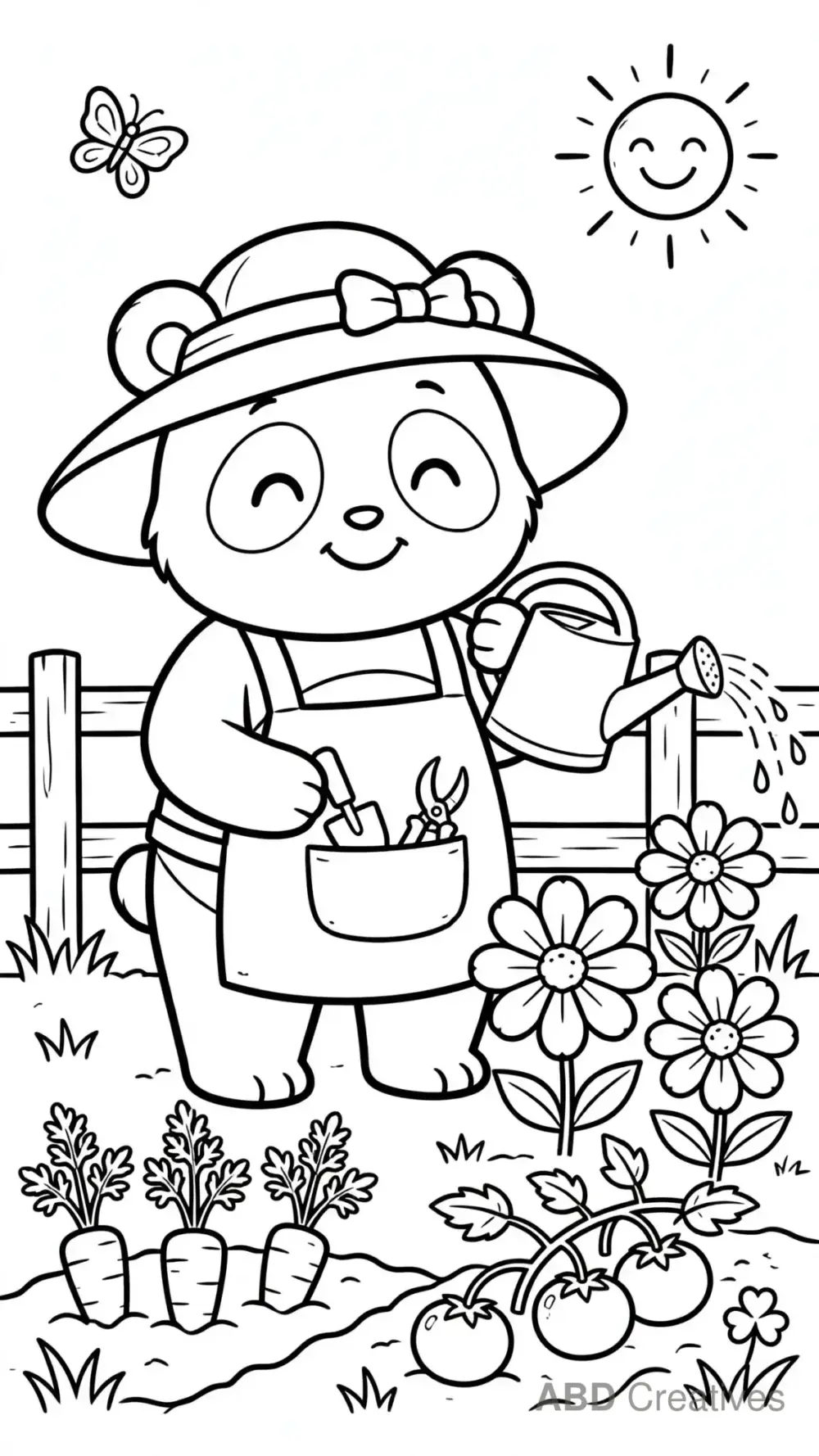 Panda Gardener Watering Flowers Coloring Page