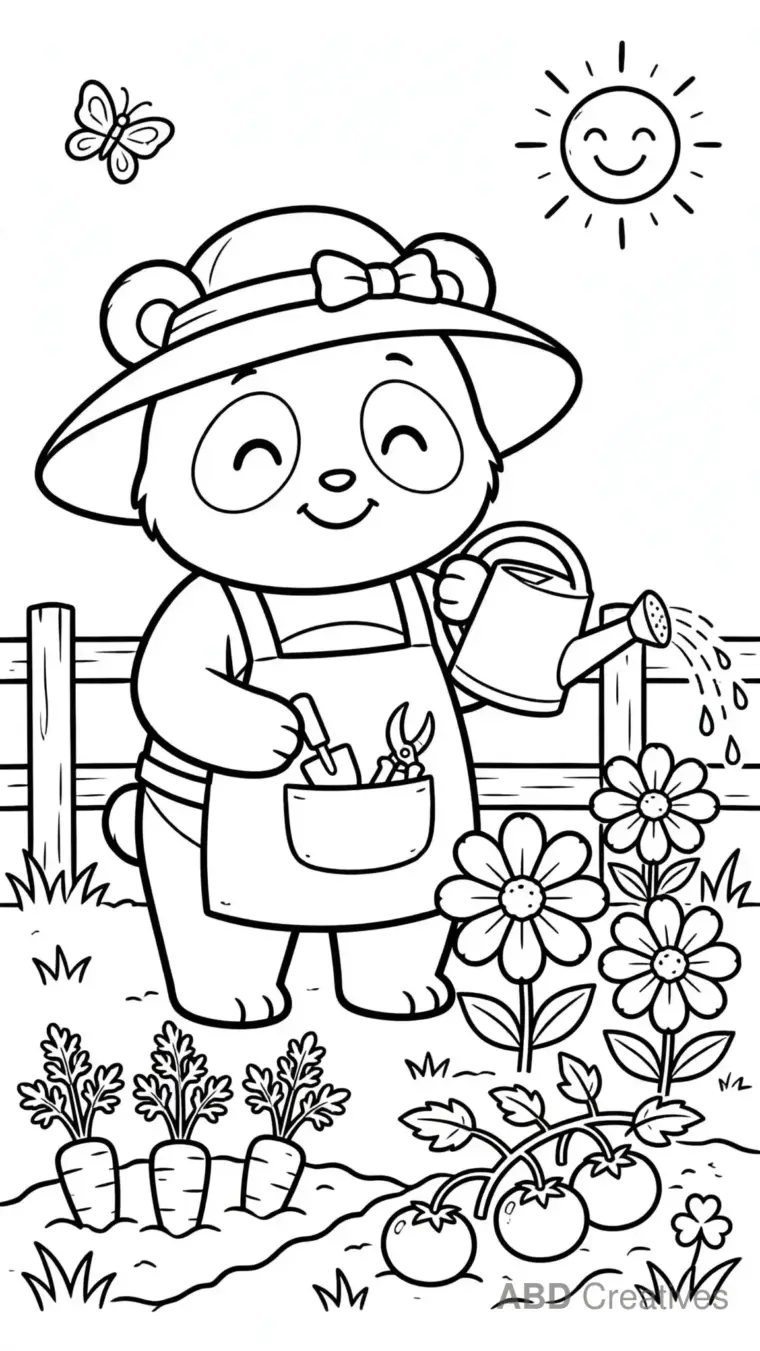 Panda Gardener Watering Flowers Coloring Page
