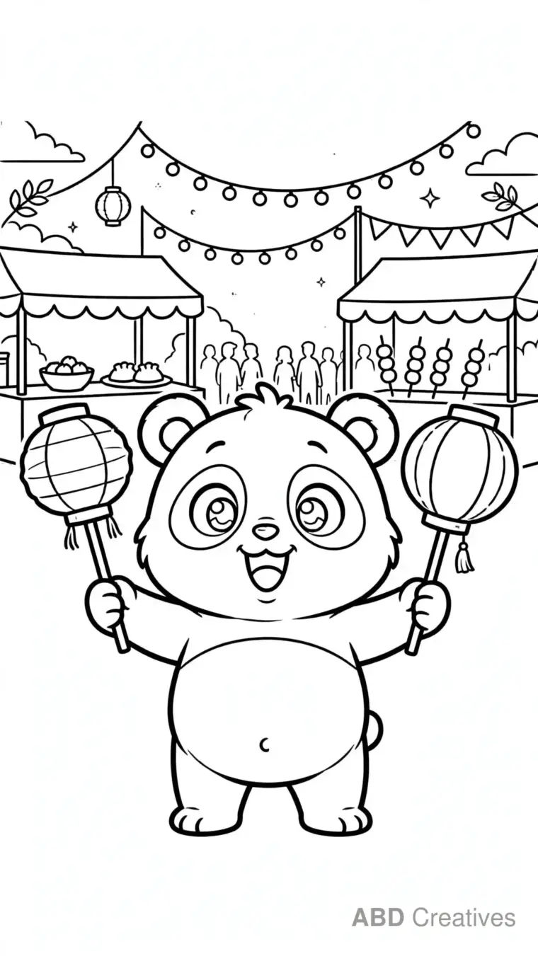 Panda Holding Lanterns at a Festival Coloring Page