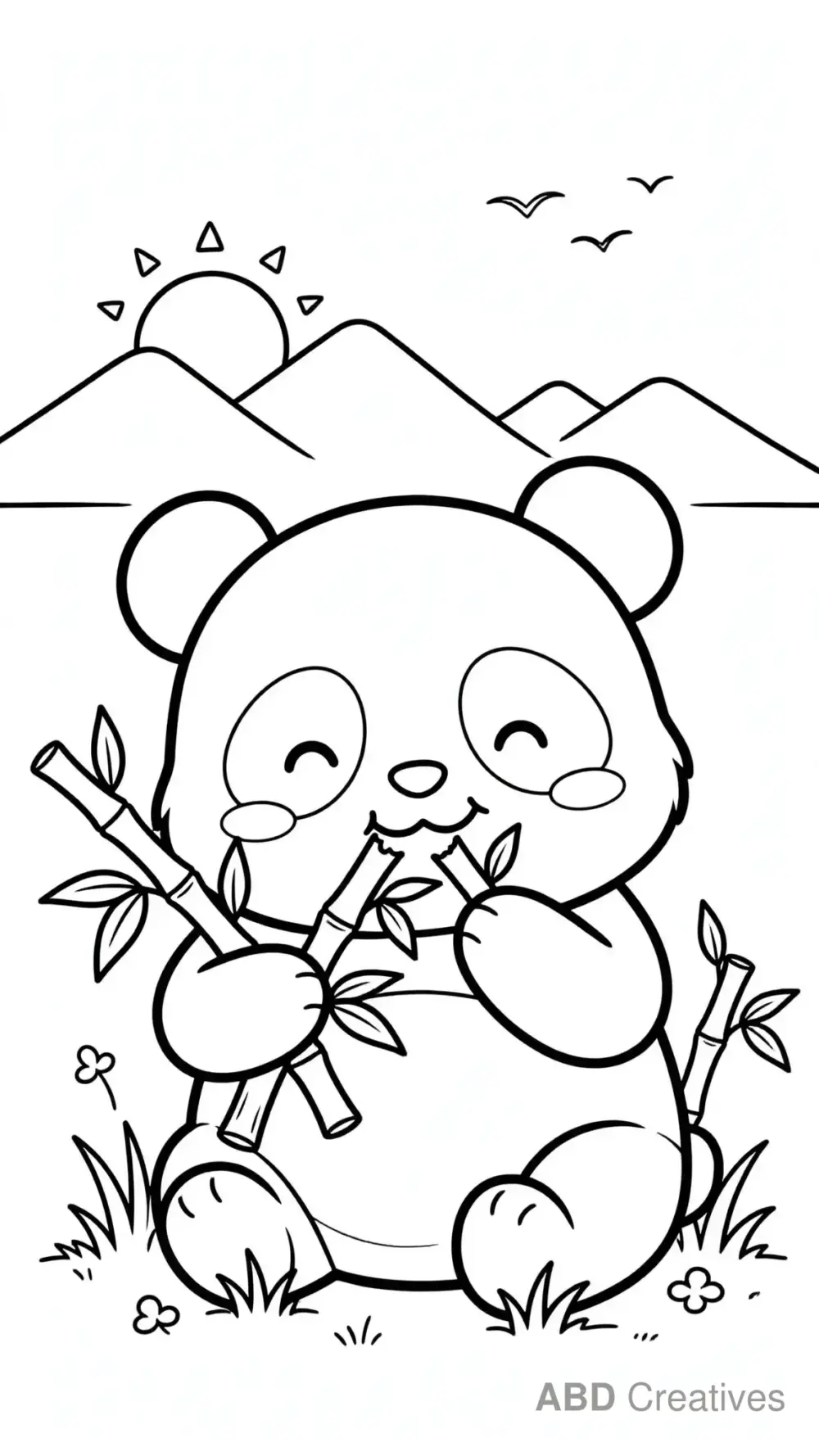 Panda Munching Bamboo at Sunrise Coloring Page