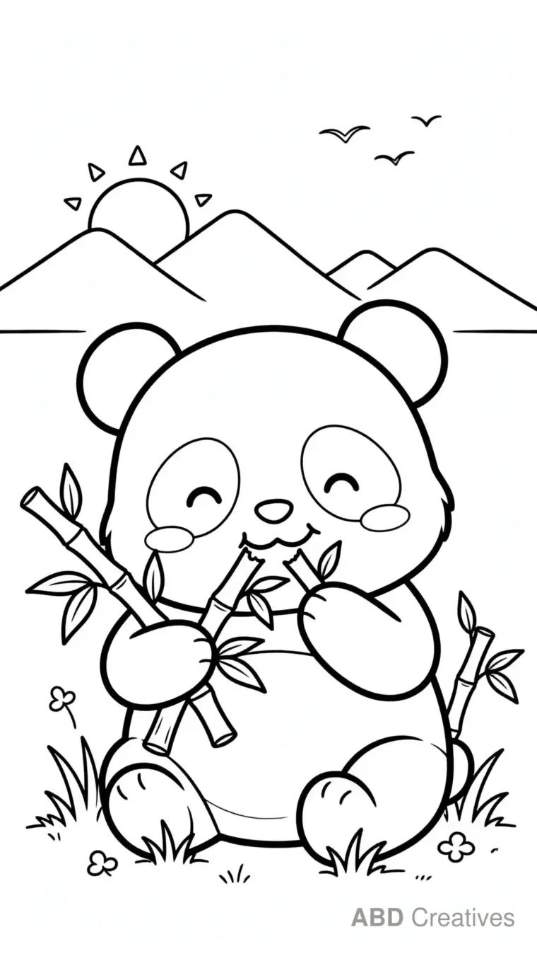 Panda Munching Bamboo at Sunrise Coloring Page