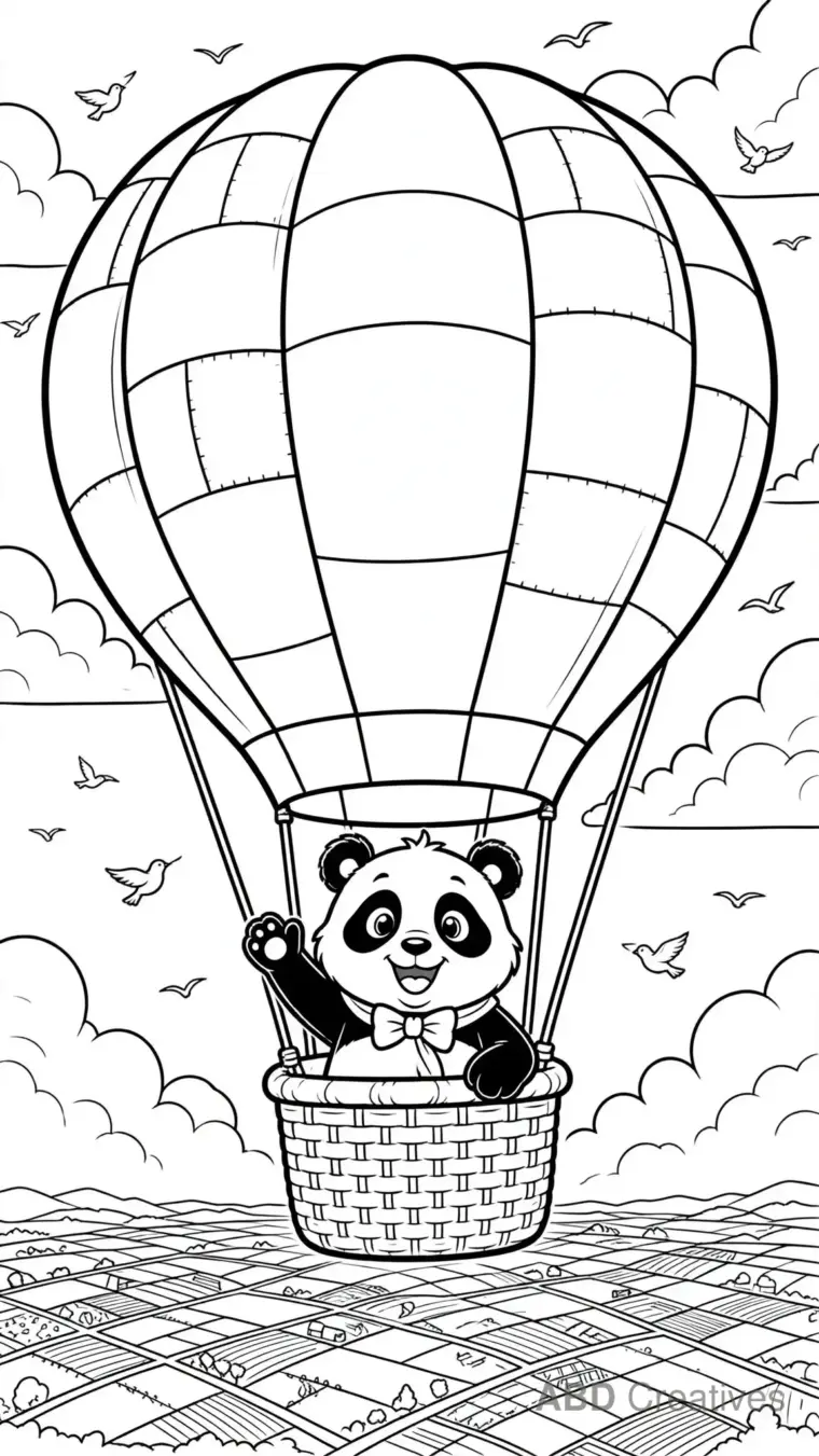 Panda Riding a Hot Air Balloon Coloring Page