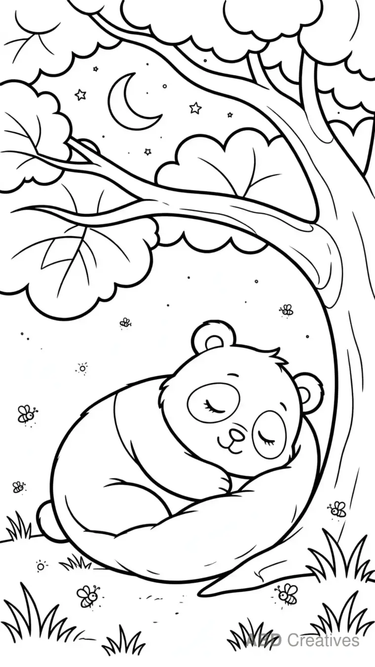 Panda Sleeping Under a Moonlit Tree Coloring Page