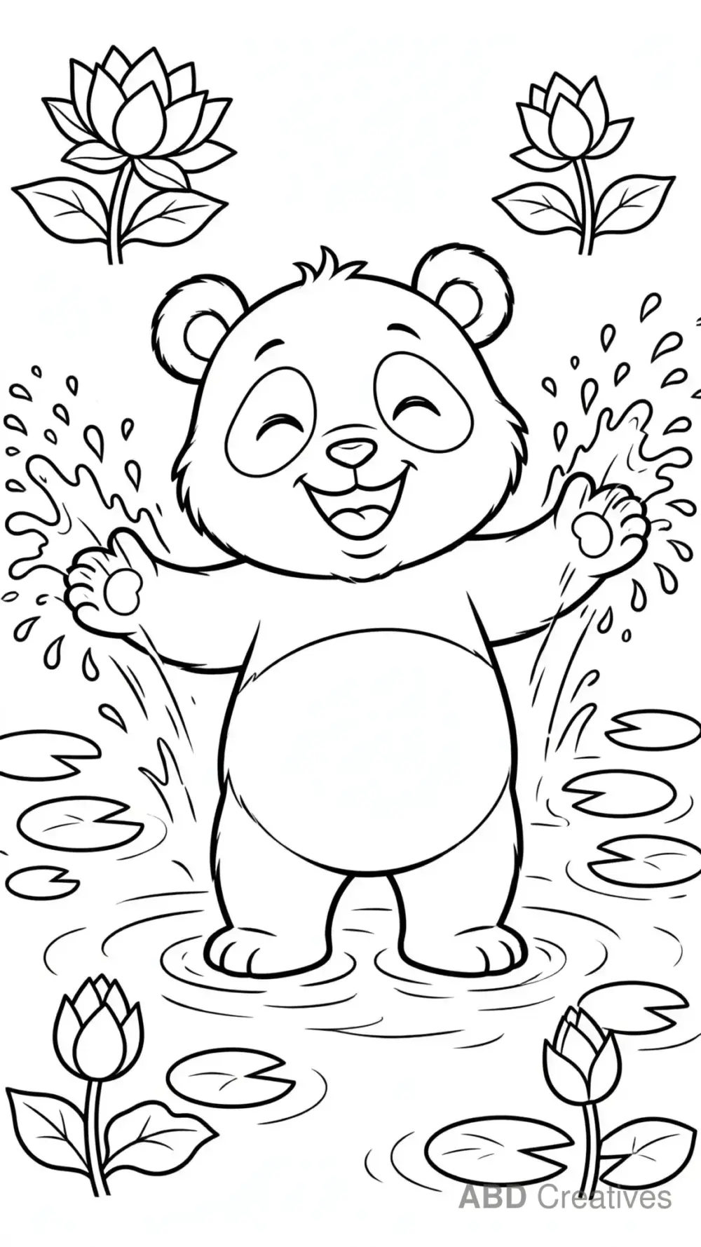 Panda Splashing in a Pond Coloring Page