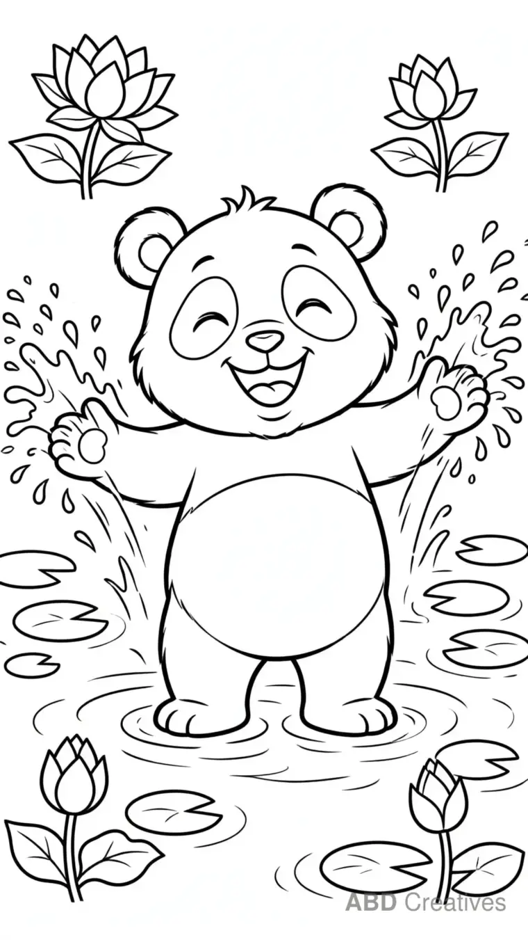 Panda Splashing in a Pond Coloring Page