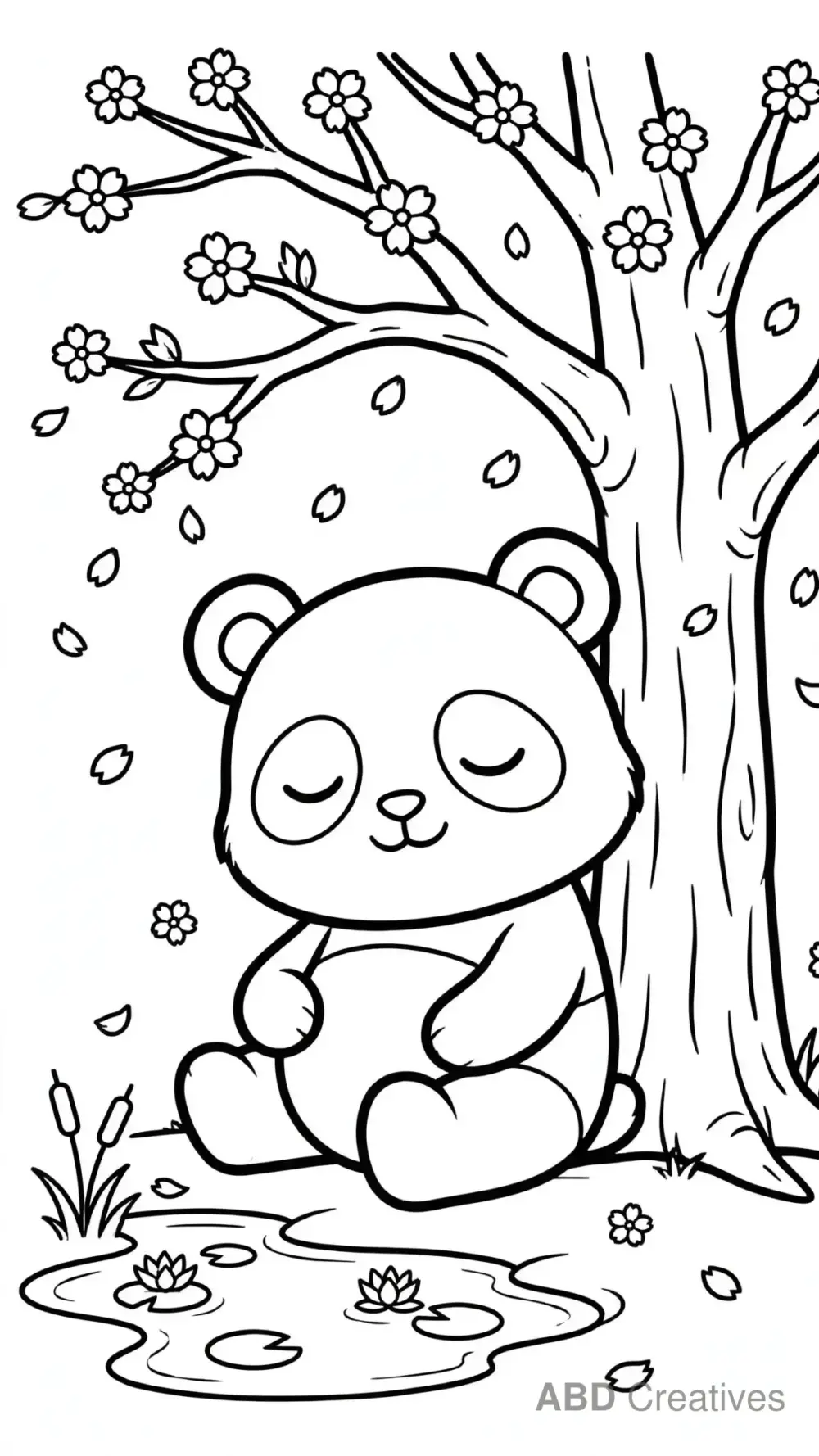 Panda Under a Cherry Blossom Tree Coloring Page