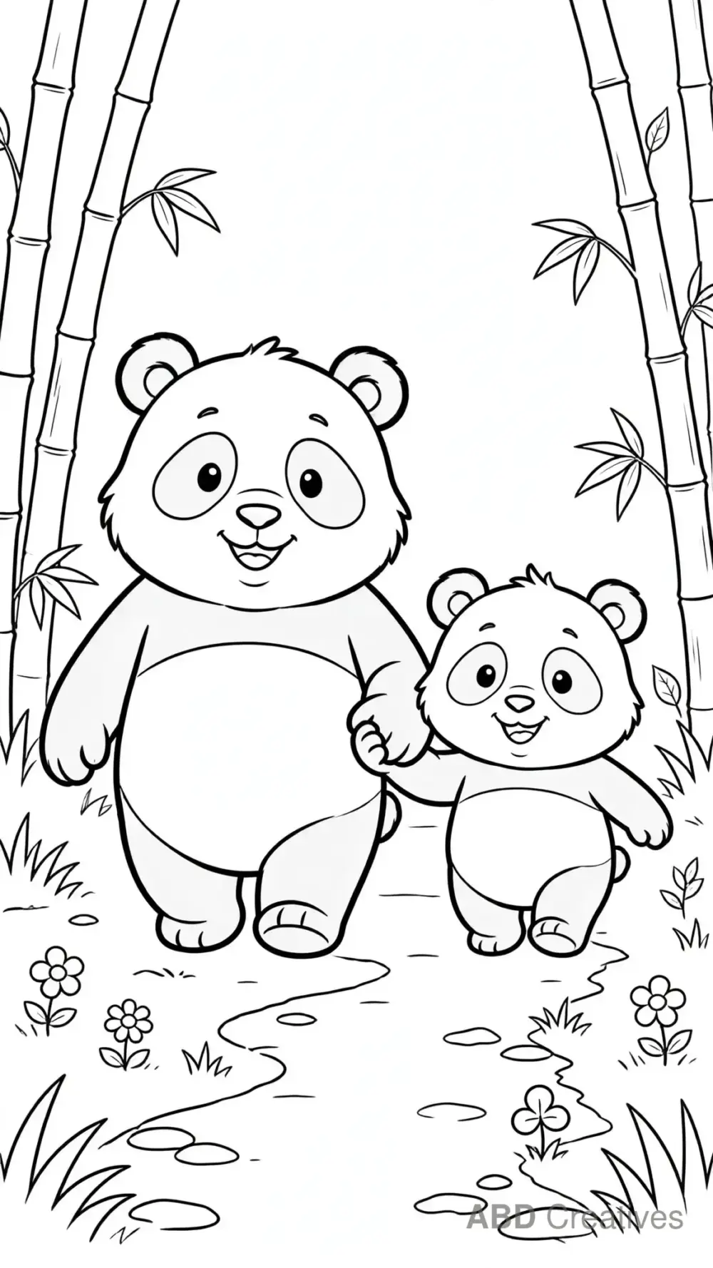 Panda and Cub Walking Together Coloring Page