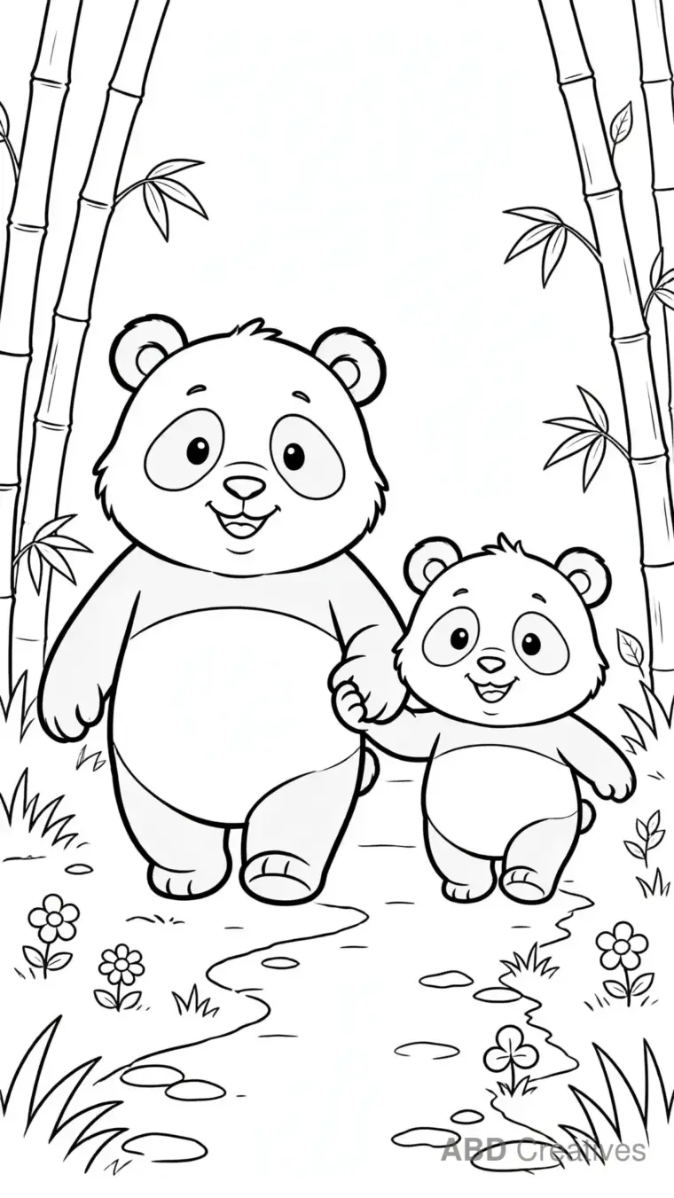 Panda and Cub Walking Together Coloring Page