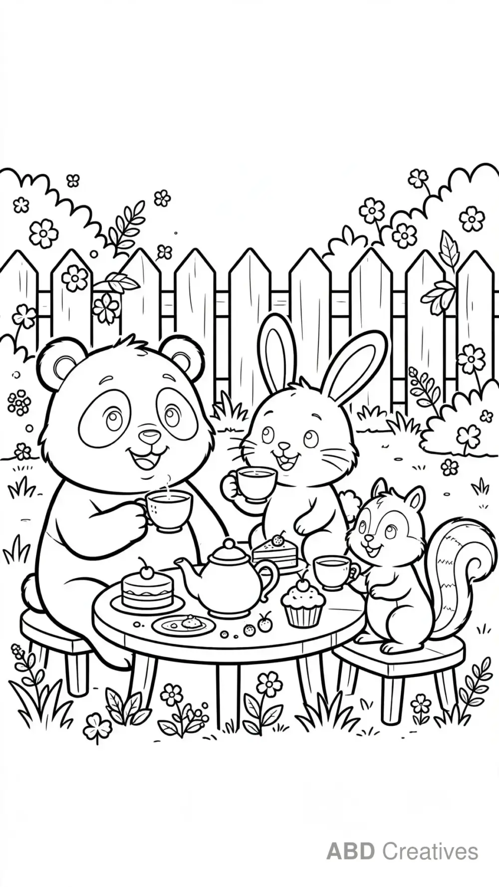 Panda and Friends Tea Party Coloring Page