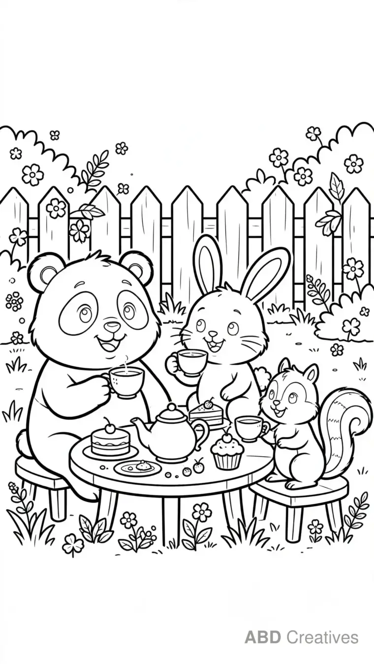 Panda and Friends Tea Party Coloring Page