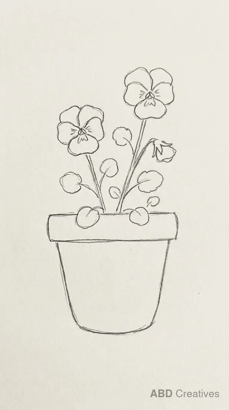 Pansies Growing in a Round Flower Pot