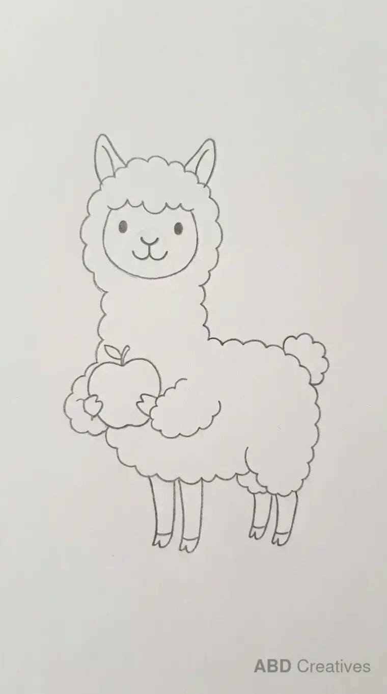 Pencil Drawing of Alpaca Holding Apple