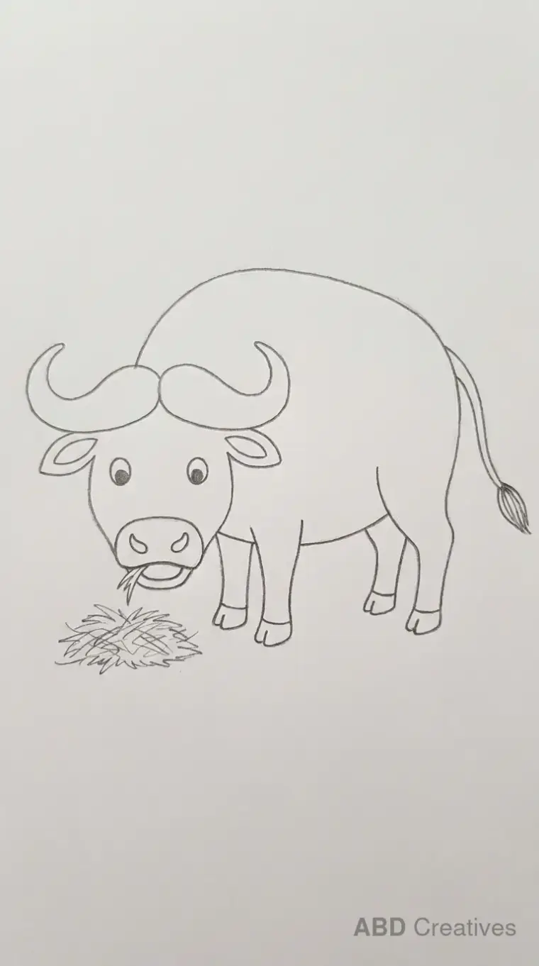 Pencil Drawing of Buffalo Eating Grass