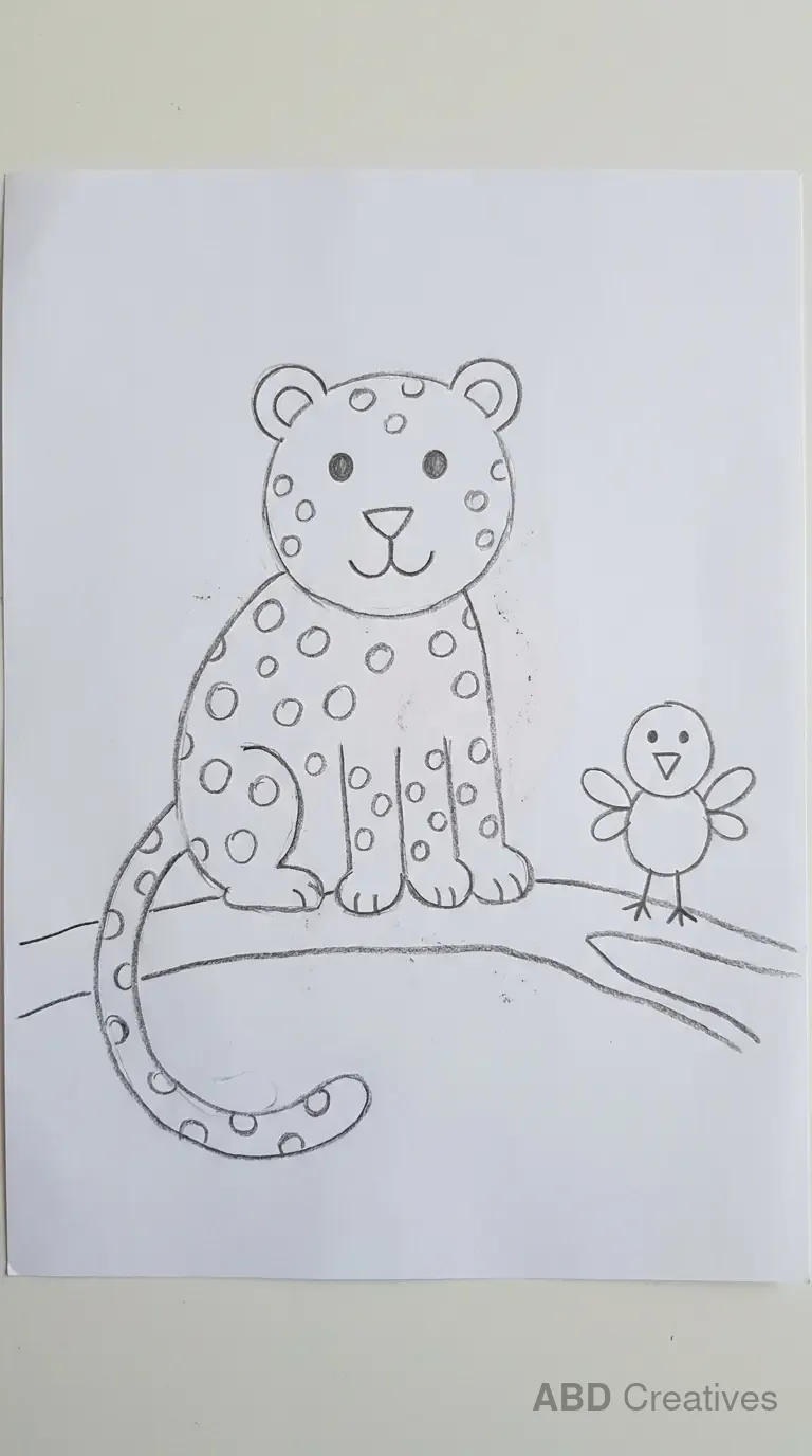 Pencil Drawing of Leopard and Bird