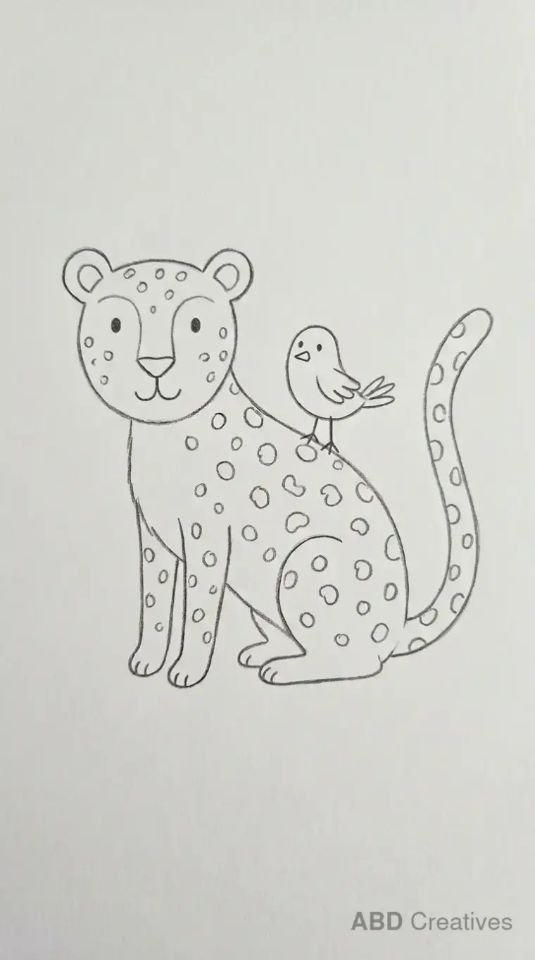 Pencil Drawing of Leopard and Bird 2