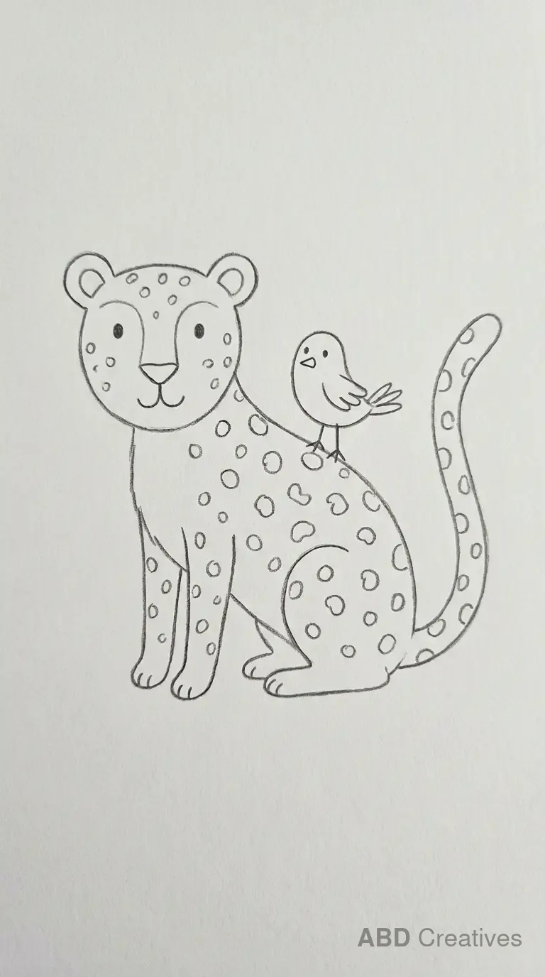 Pencil Drawing of Leopard and Bird 2