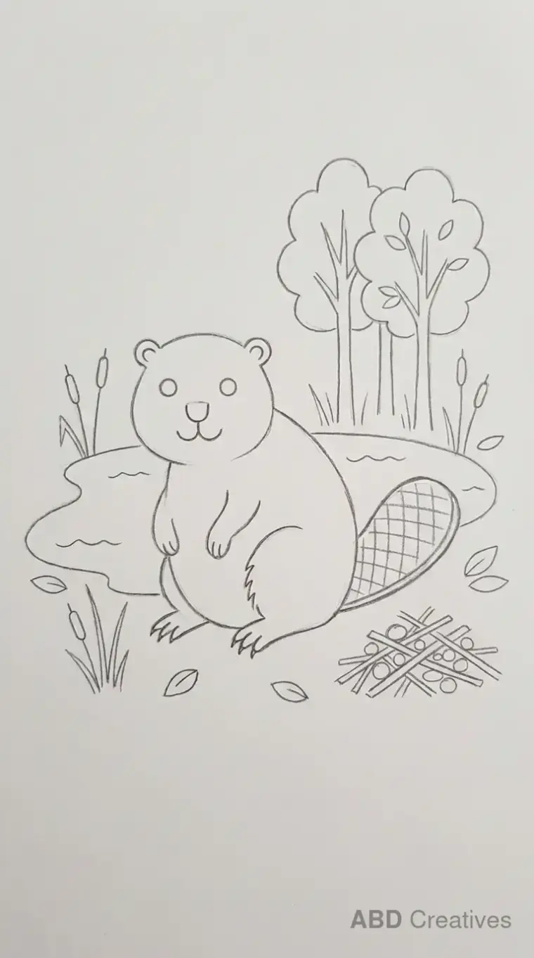 Sitting Beaver Cute Pencil Drawing