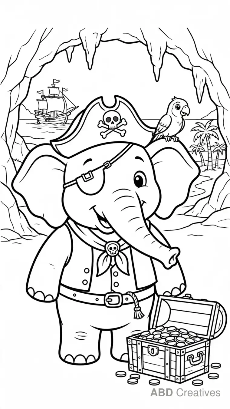 Pirate Elephant with Treasure Chest Coloring Page