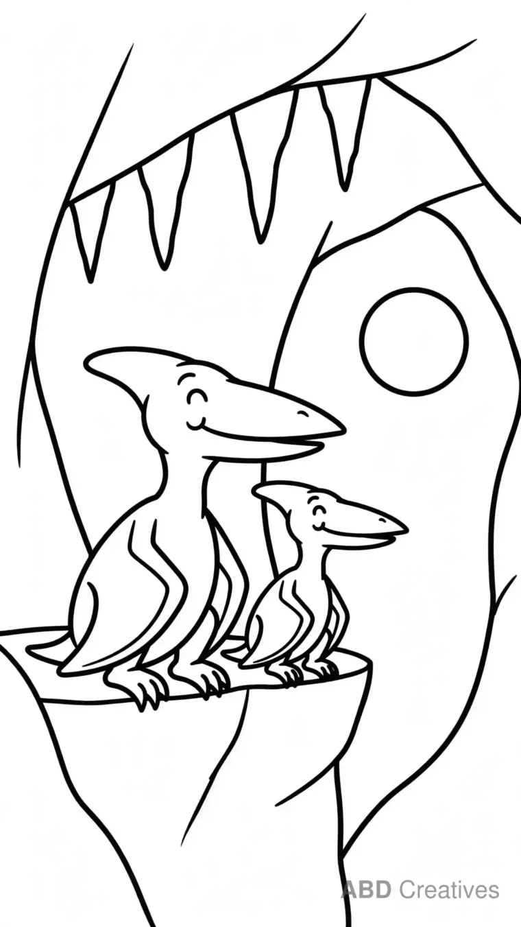 Pterodactyl Family in a Cave Coloring Page