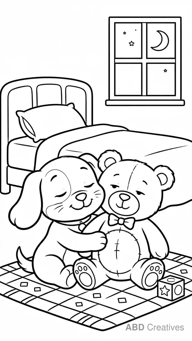 Puppy Cuddling a Teddy Bear Coloring Page