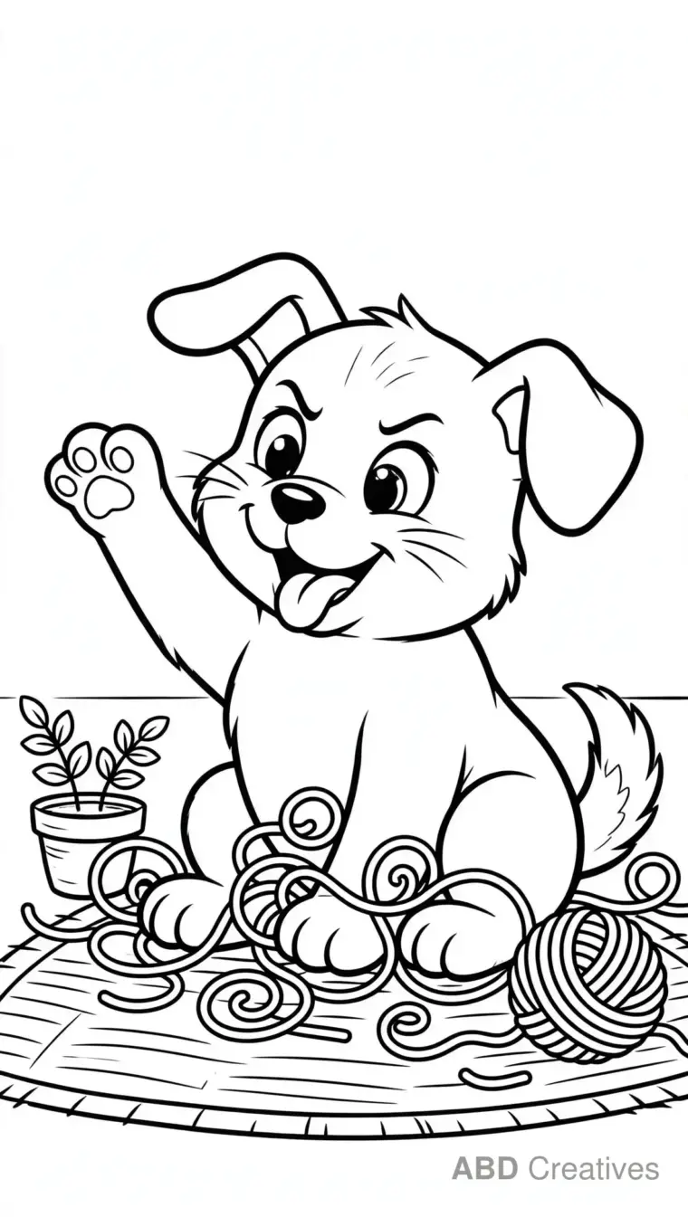 Puppy Tangled in Yarn Coloring Page