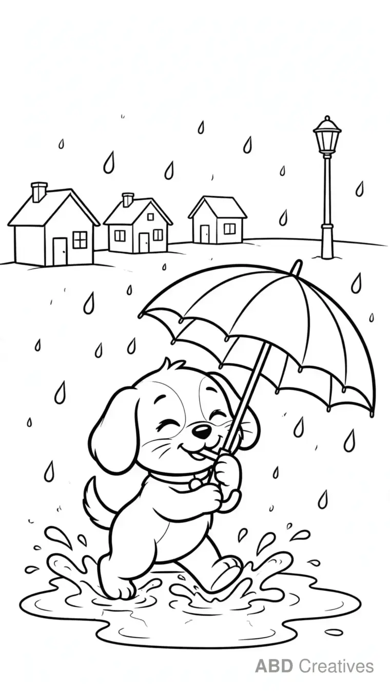 Puppy in the Rain with an Umbrella Coloring Page