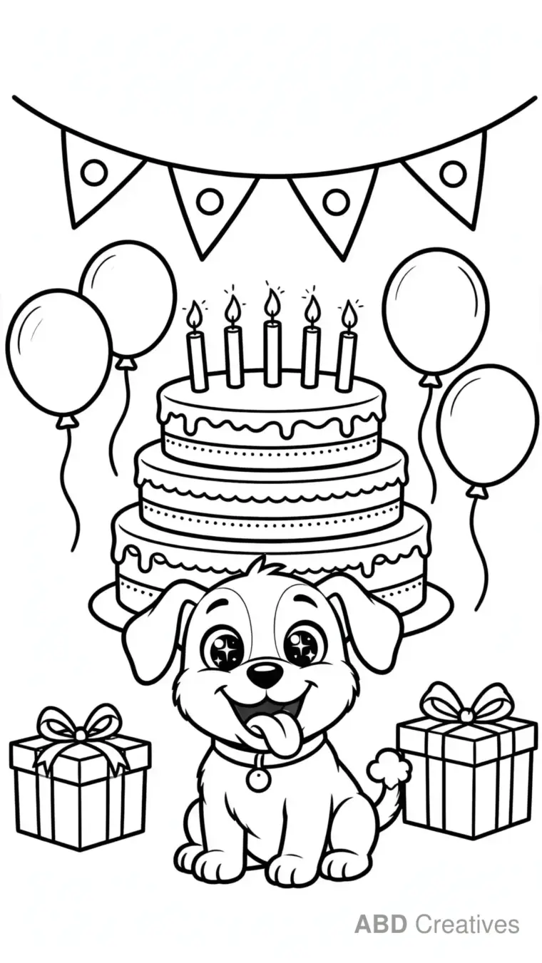 Puppy with a Birthday Cake Coloring Page