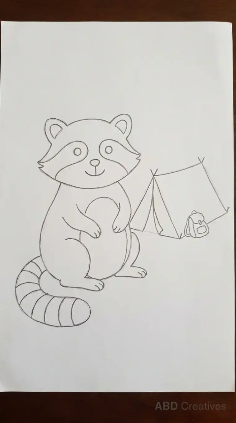 Raccoon Beside Camping Tent Drawing