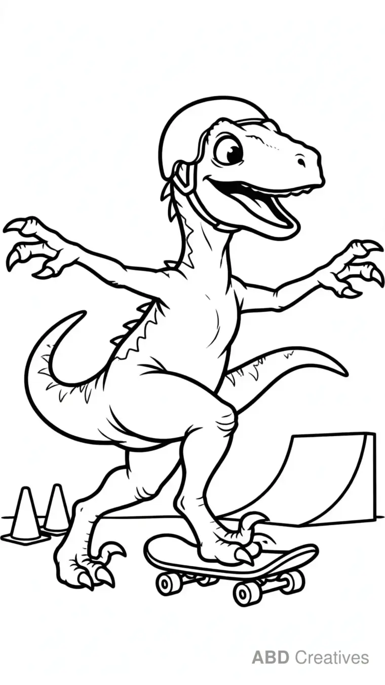Raptor Riding a Skateboard Coloring Page