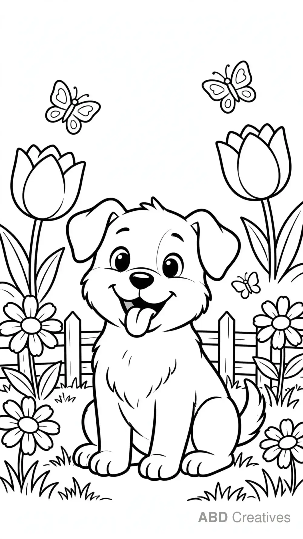 Sitting Puppy in the Flower Garden Coloring Page