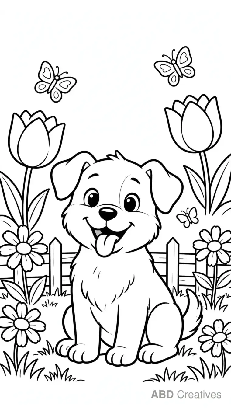 Sitting Puppy in the Flower Garden Coloring Page
