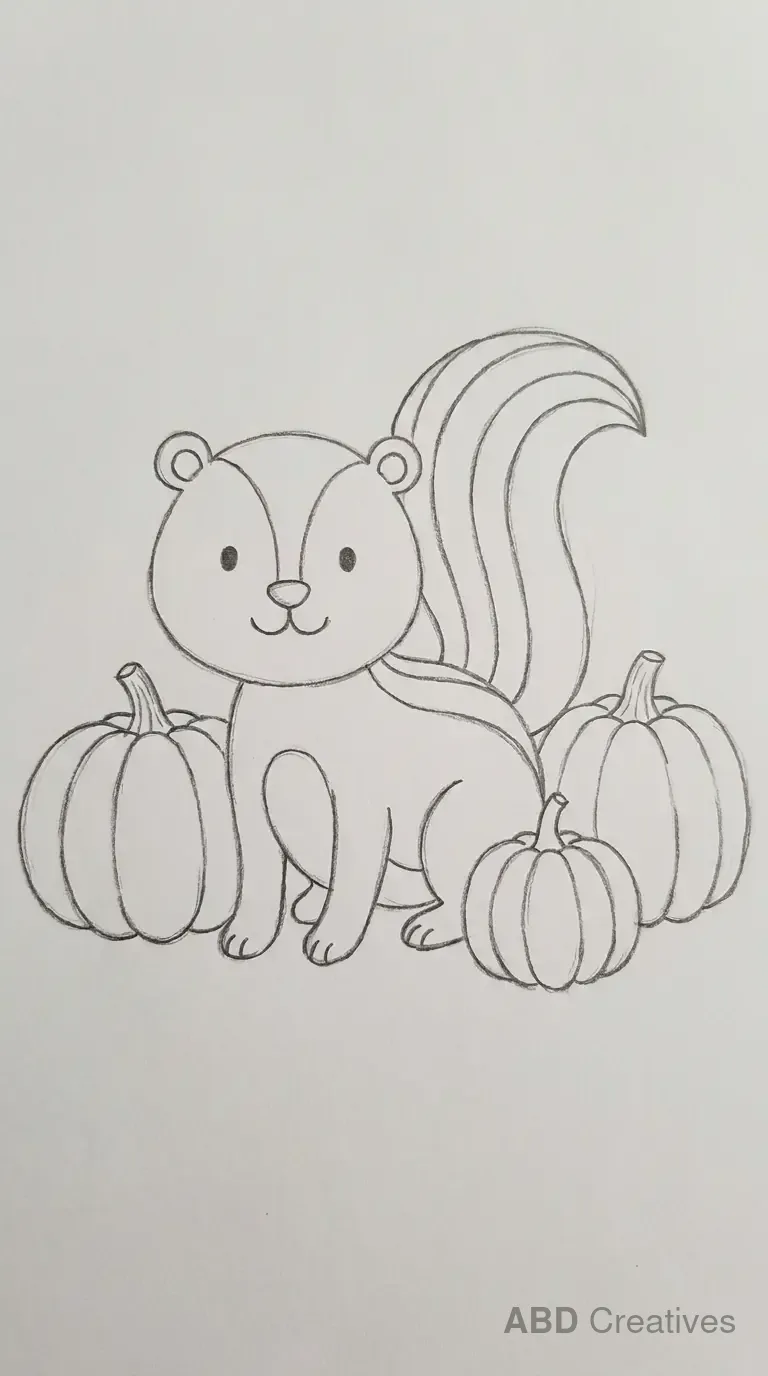 Skunk Sitting in Pumpkin Patch