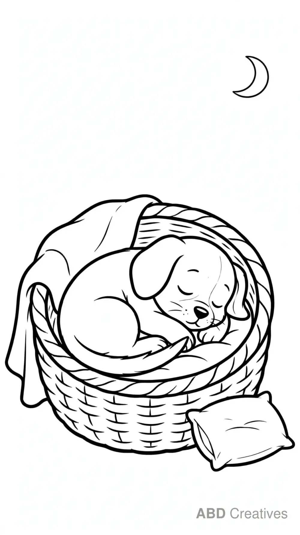 Sleepy Puppy in a Cozy Basket Coloring Page