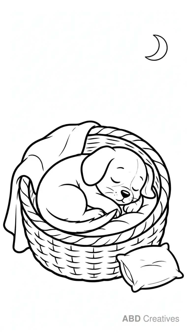 Sleepy Puppy in a Cozy Basket Coloring Page