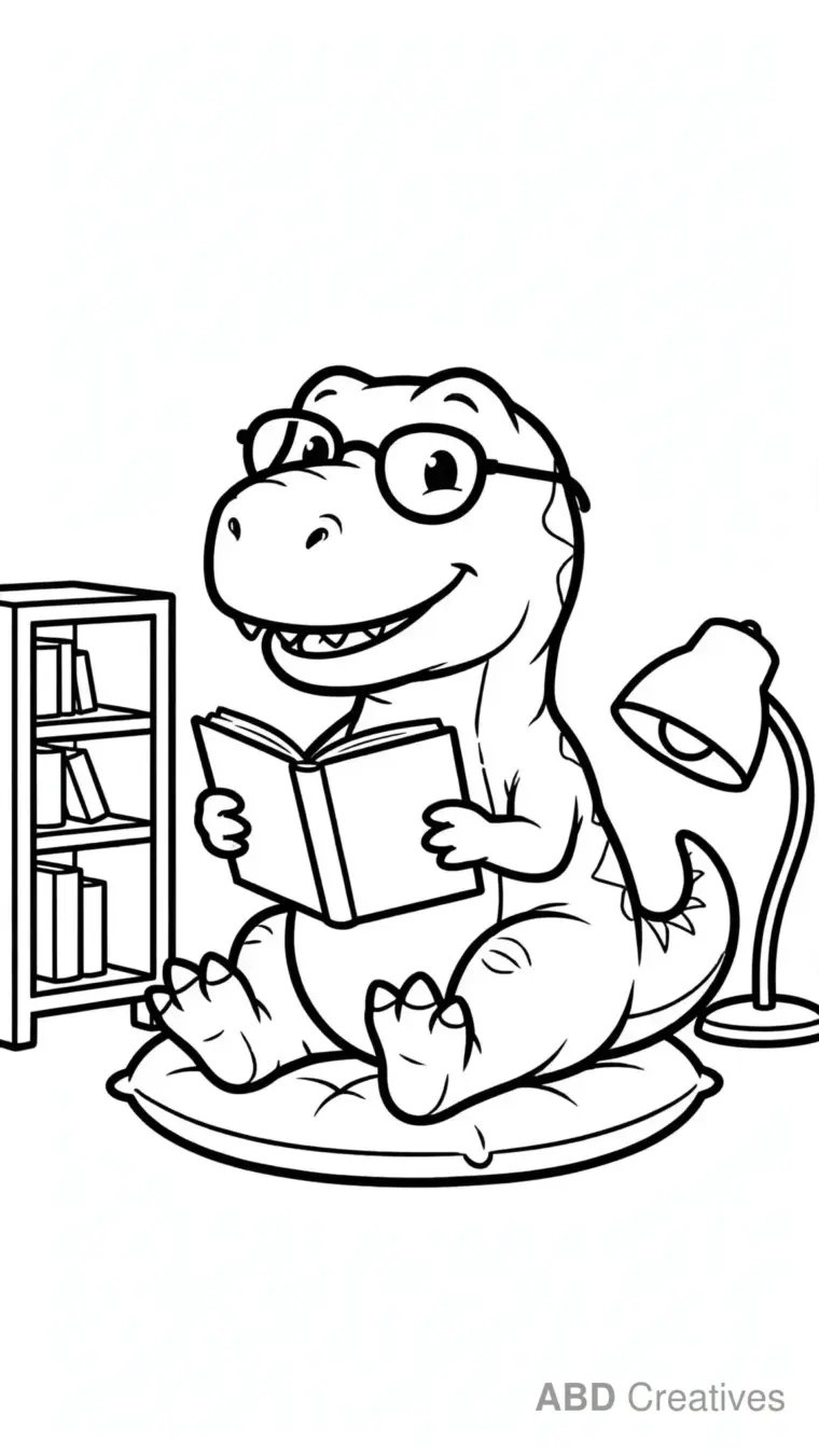 T-Rex Reading a Book Coloring Page