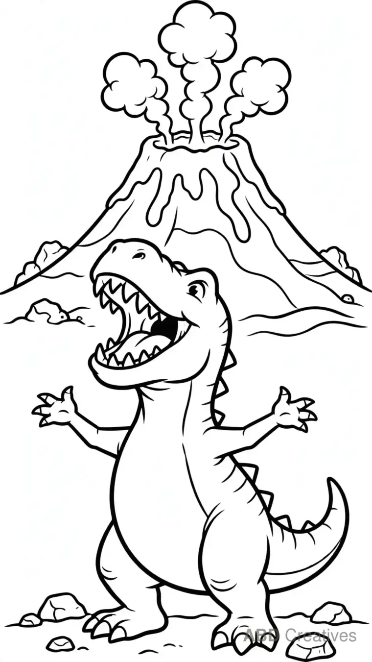 T-Rex Roaring at a Volcano Coloring Page