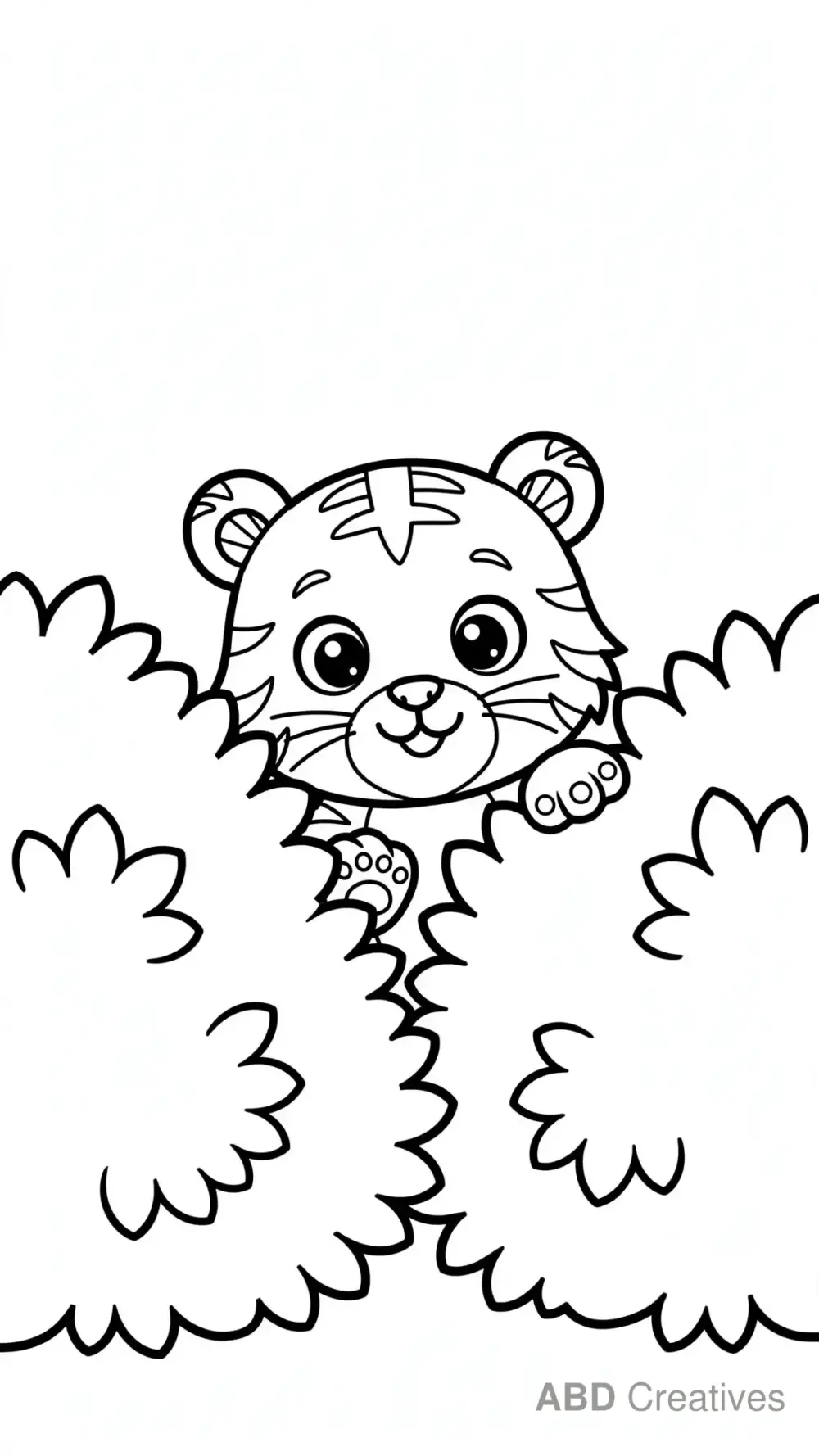 Tiger Cub Hiding behind Bushes Coloring Page