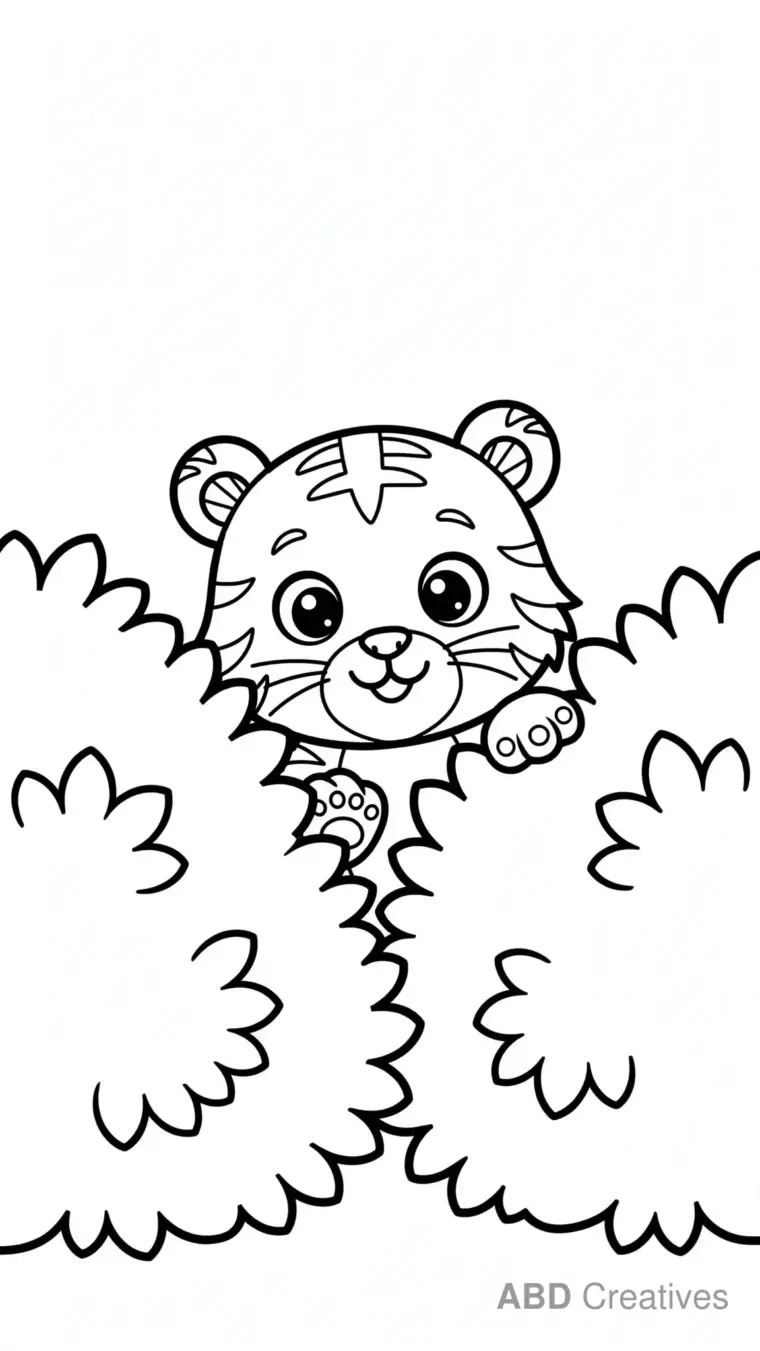 Tiger Cub Hiding behind Bushes Coloring Page