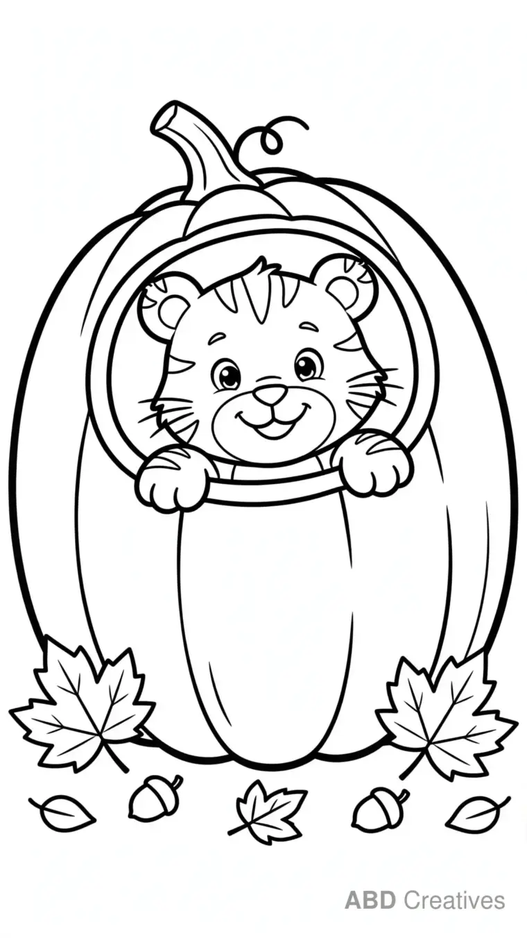 Tiger Cub Peeking from a Pumpkin Coloring Page