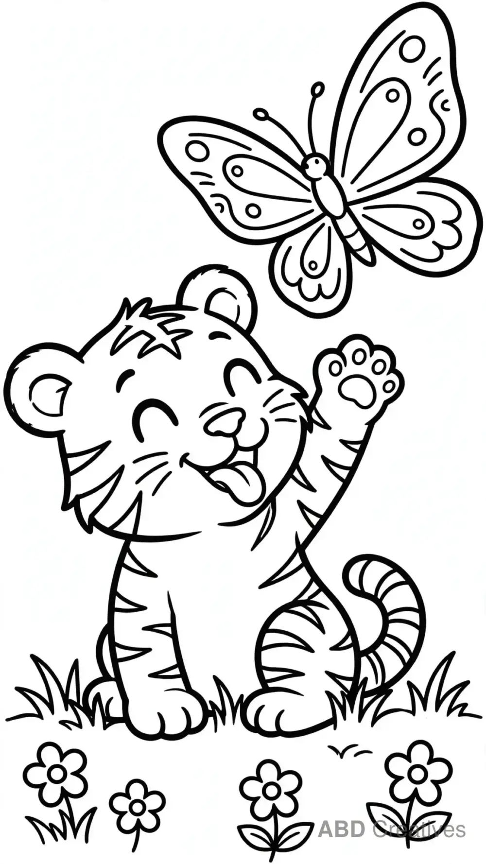 Tiger Cub Playing with a Butterfly Coloring Page
