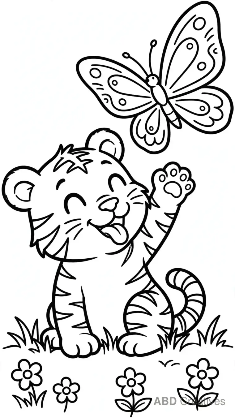 Tiger Cub Playing with a Butterfly Coloring Page