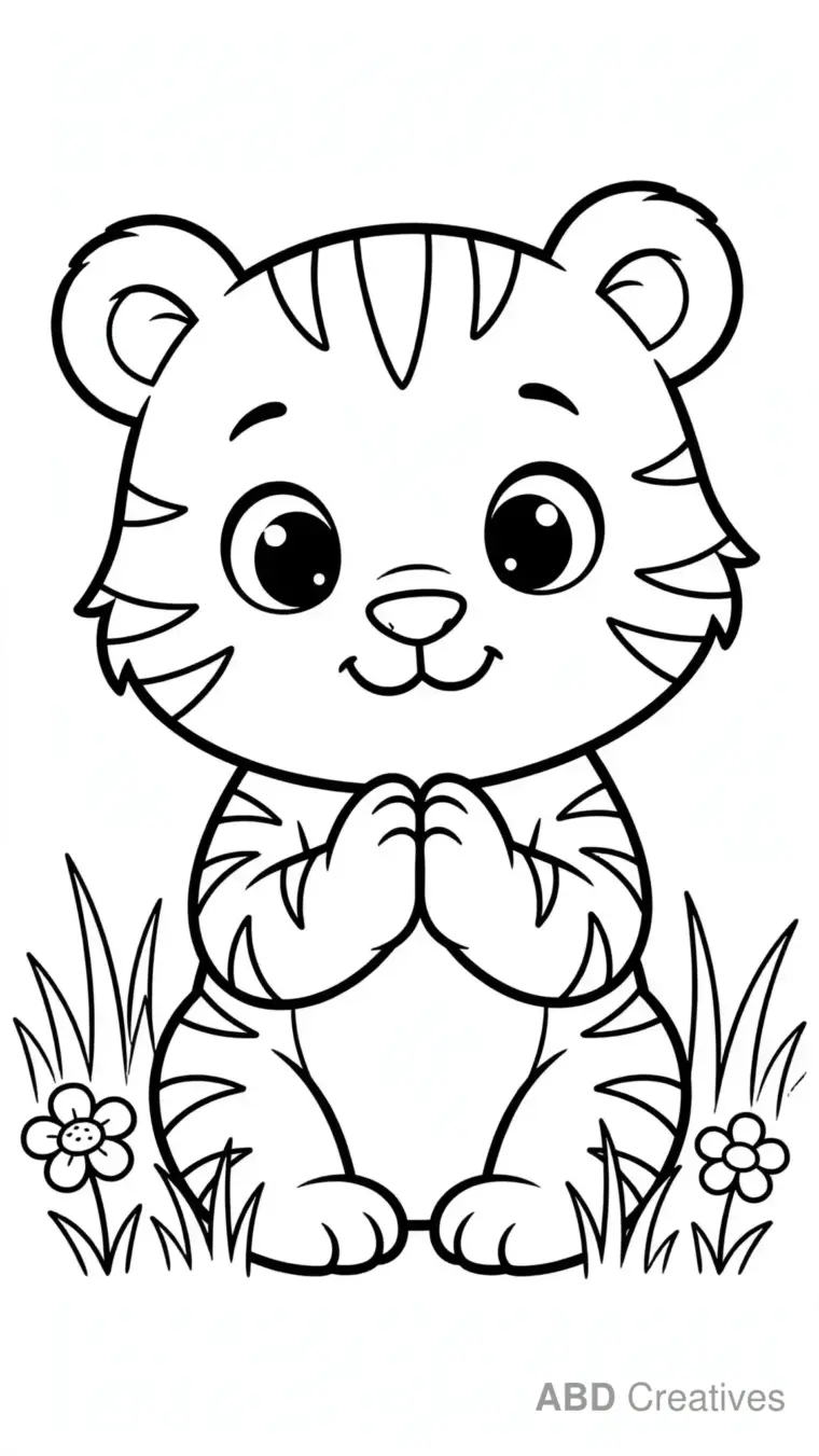 Tiger Cub Sitting in Grass Coloring Page
