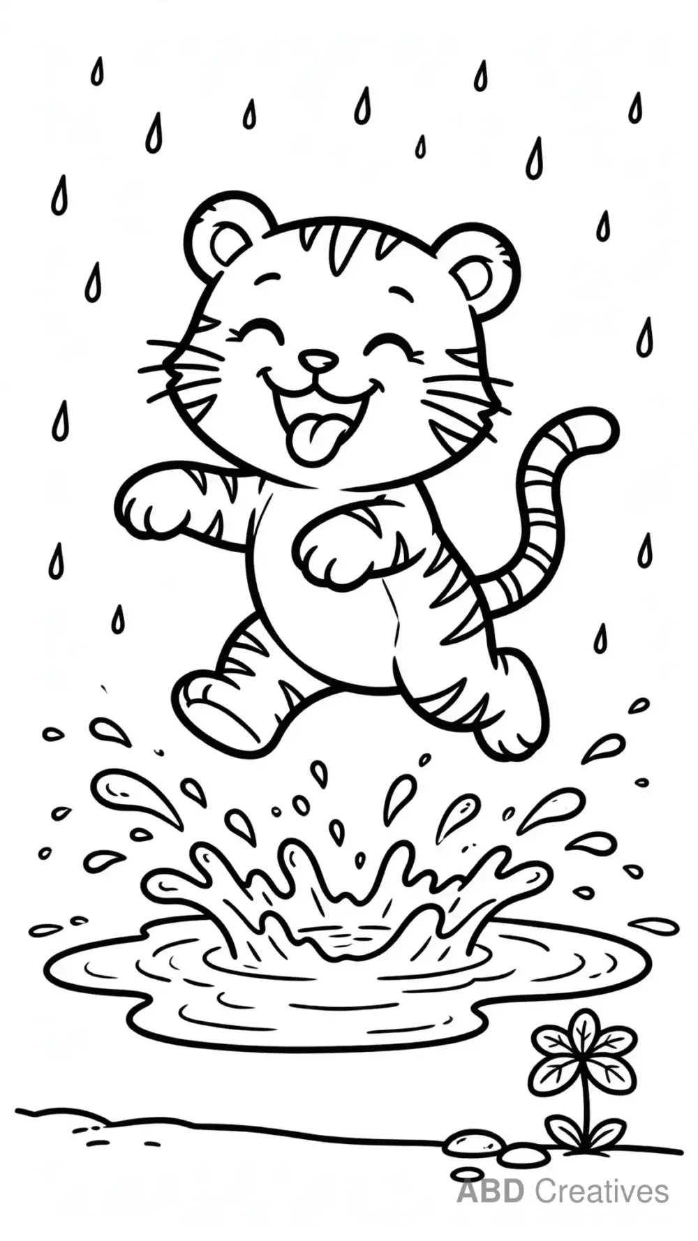 Tiger Cub Splashing in a Puddle Coloring Page