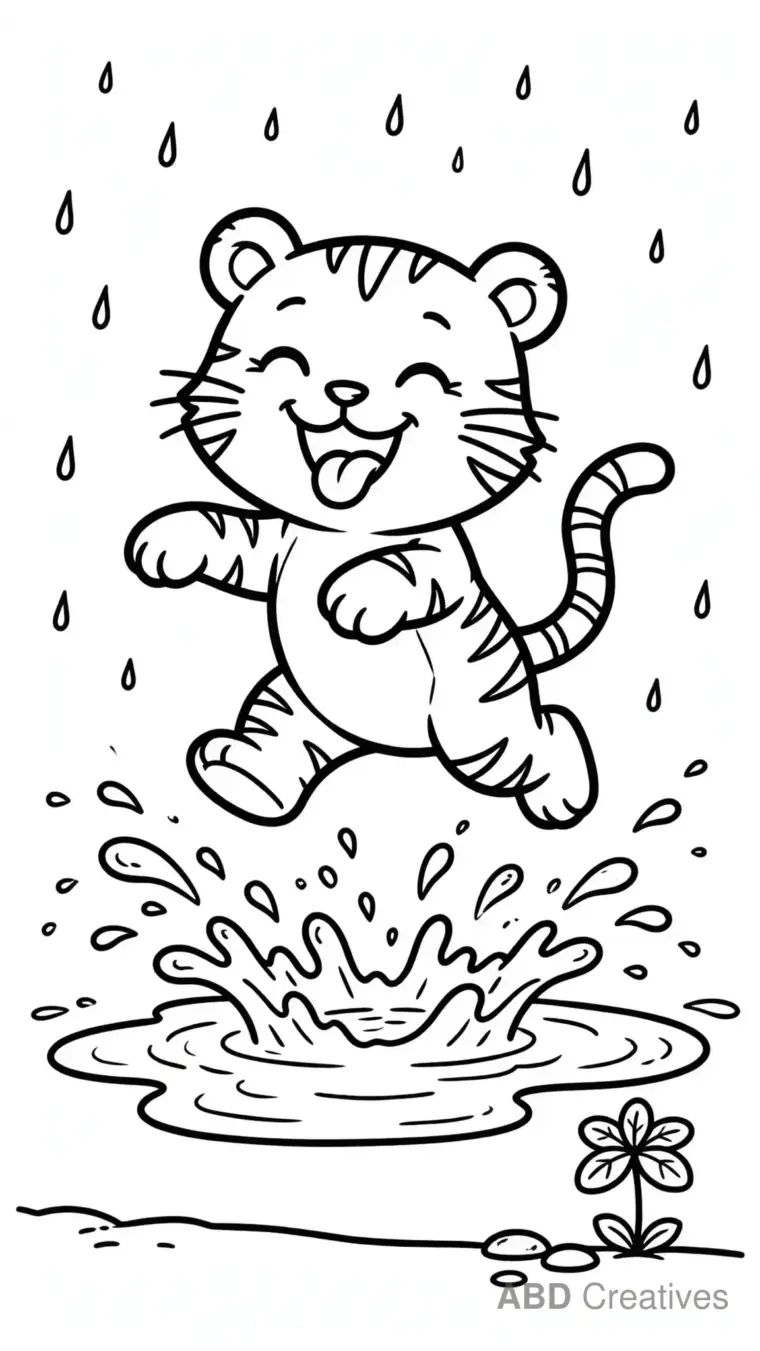 Tiger Cub Splashing in a Puddle Coloring Page