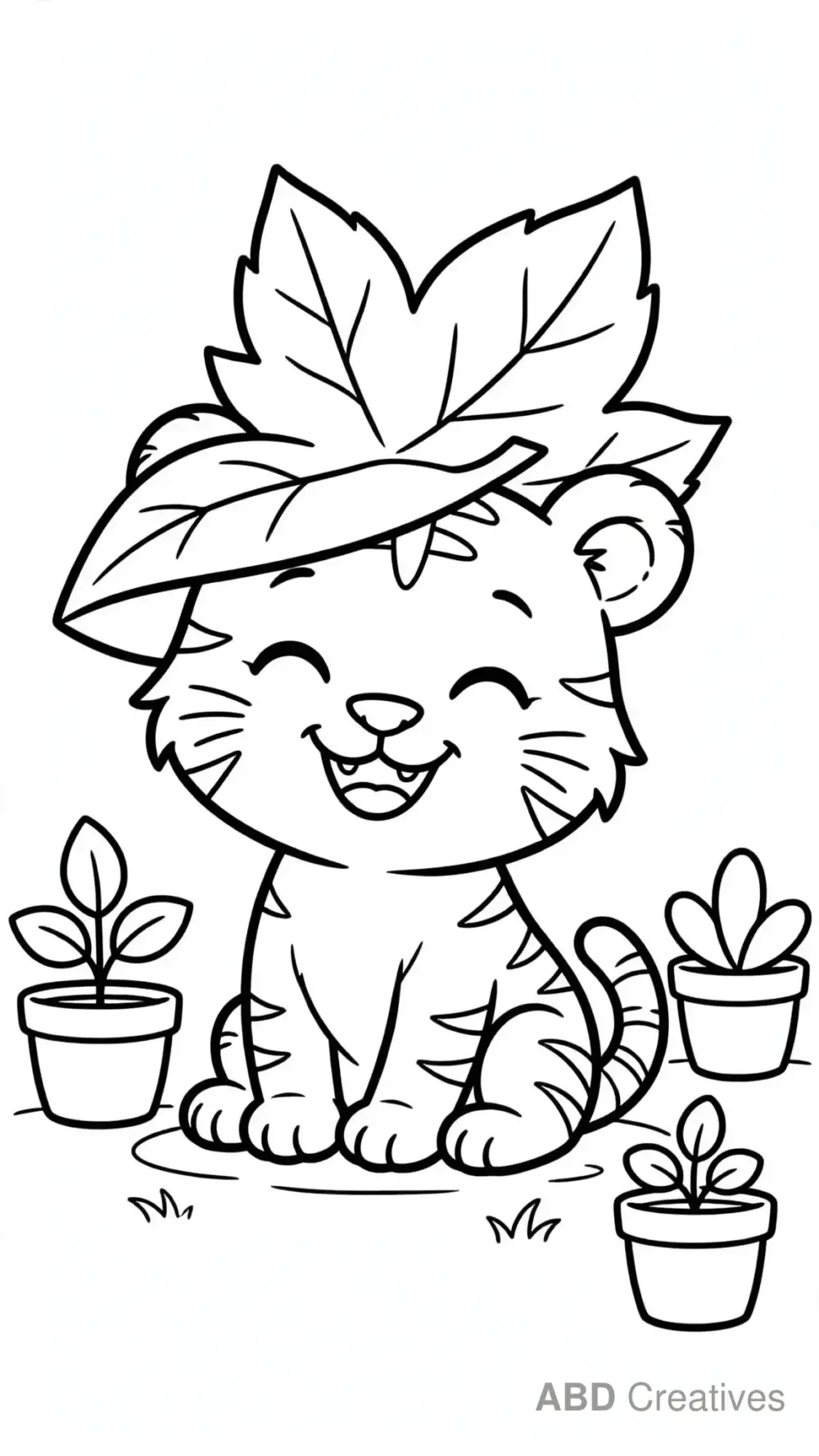 Tiger Cub Wearing a Leaf Hat Coloring Page